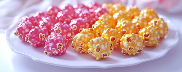 Festive popcorn balls in pink and orange hues a sweet treat for celebrations on a crisp white plate