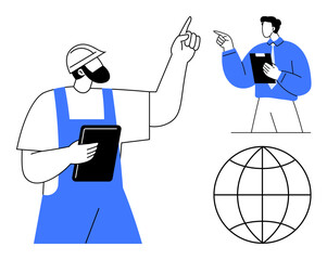 Worker in blue overalls holding clipboard and pointing, manager with tablet gesturing, globe in background. Ideal for teamwork, global operations, logistics, communication, leadership, project