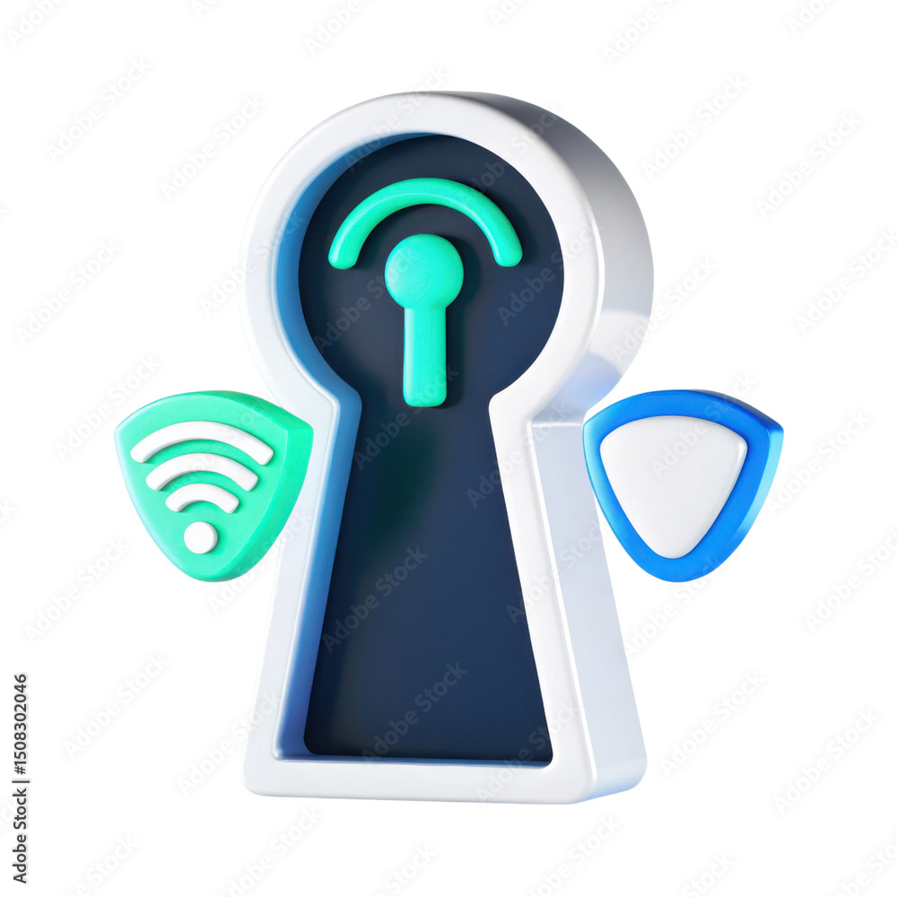 Poster vpn proxy protection concept. digital keyhole with wireless signals and security icons.