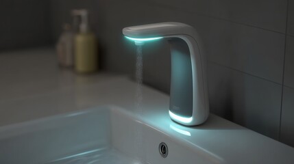 Fototapeta premium A modern, automated faucet with a sleek design and illuminated water stream.