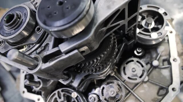 Disassembled car transmission with exposed internal gear system
