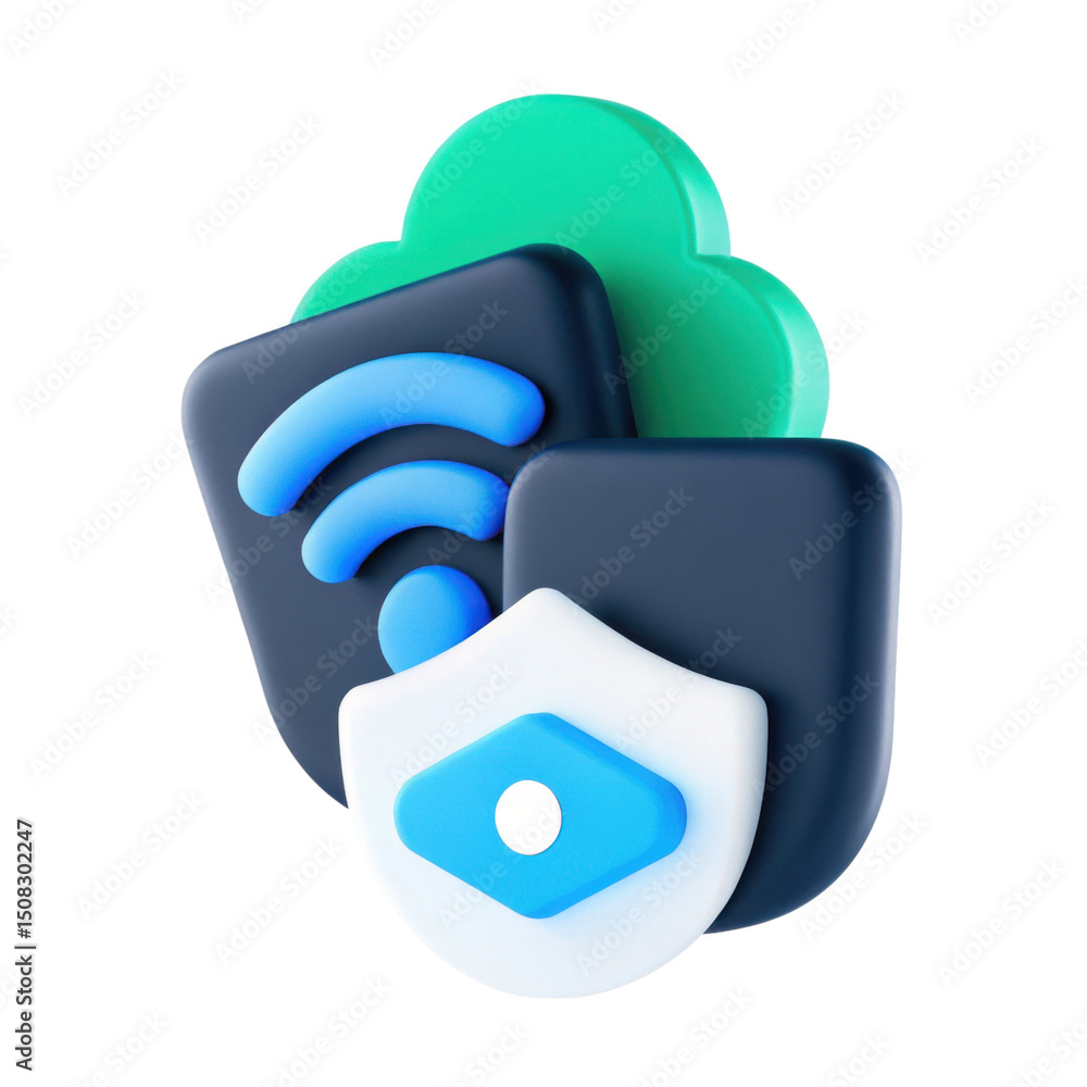 Poster vpn proxy protection concept. 3d security and connectivity icons stacked together.