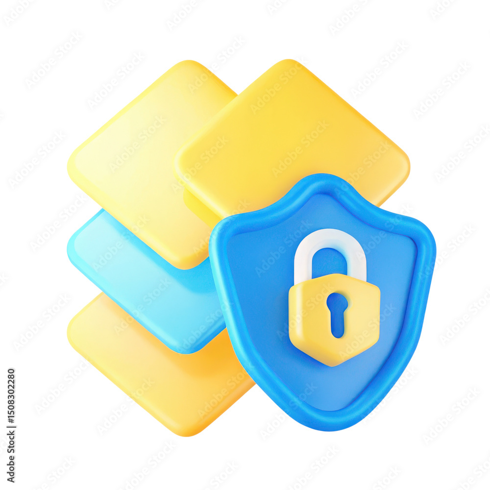 Poster vpn proxy protection concept. digital security shield with colorful squares behind it.