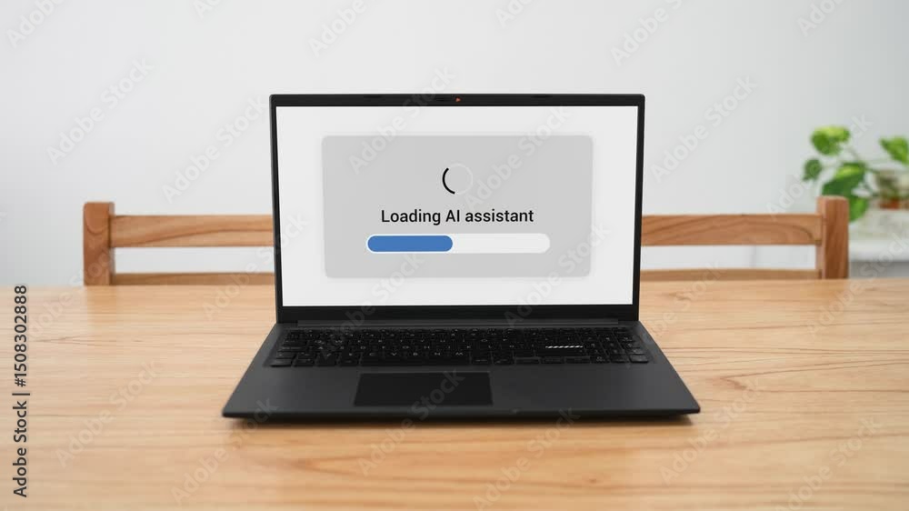 Poster loading ai assistant on your laptop to help you on your work. concept of artificial intelligence age