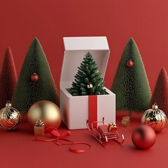 Christmas scene with a gift box and miniature Christmas tree.