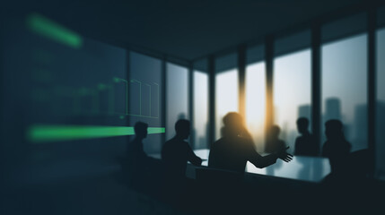 Boardroom Silhouette: A captivating shot of a boardroom meeting silhouetted against a cityscape backdrop, capturing the essence of collaboration and strategic decision-making.