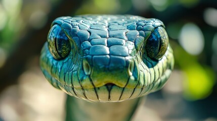 Fototapeta premium Close-up of a Green Snake's Head, Intricate Scales and Captivating Gaze