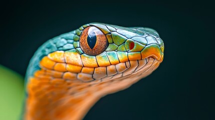 Fototapeta premium Close-Up Portrait of a Vibrant Green and Orange Snake