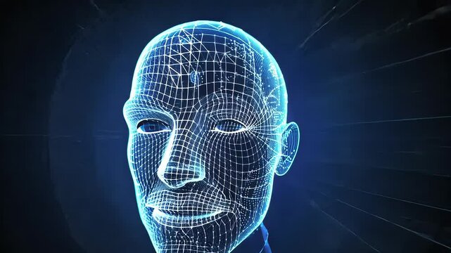 Artificial intelligence face built from glowing wireframe
