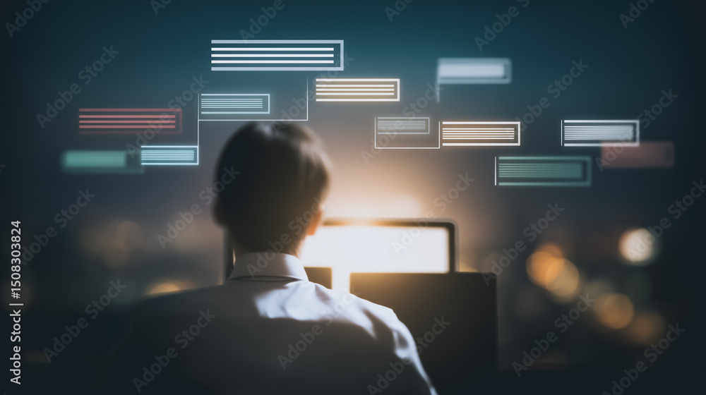Poster tech navigator's gaze: a person engrossed in a digital task, illuminated by the glow of a laptop scr