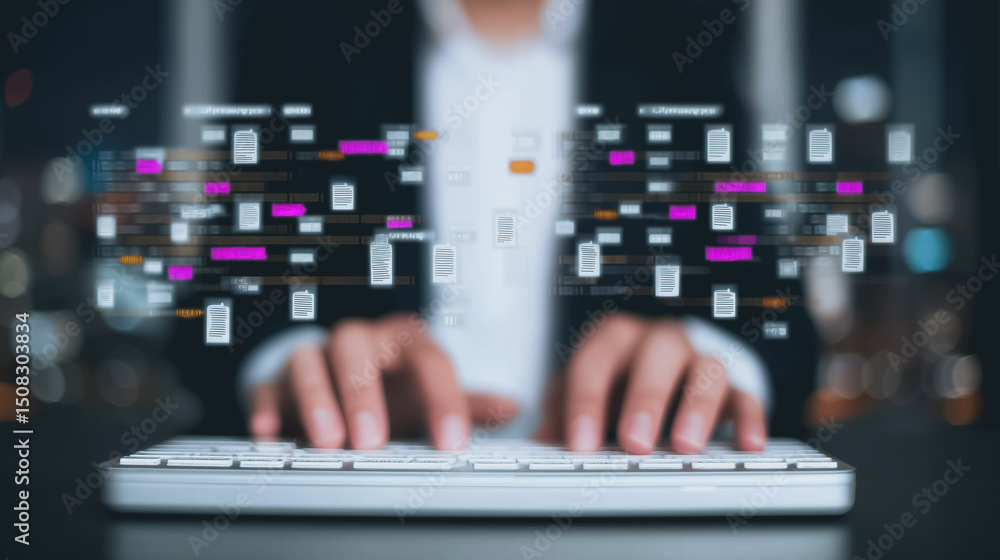 Poster data stream typist: focused and blurred in the background, a pair of hands hovers over a keyboard, t