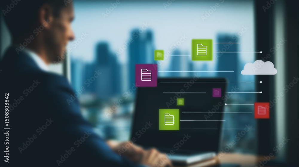Poster cloud data connection: an executive in a sleek suit engages with a laptop, symbolizing the modern er