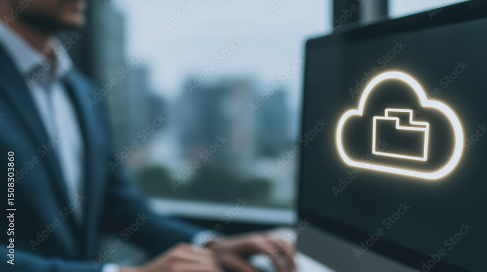 Poster secure cloud computing: a blurred view of businessperson working on computer screen with cloud icon,