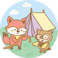 Fox and owl working together to set up a tent in a cheerful forest camping scene
