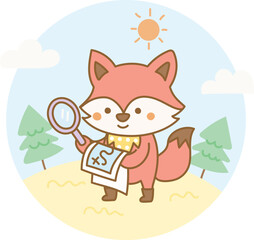 Fox exploring with a treasure map and magnifying glass in a bright outdoor adventure scene