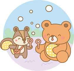 Squirrel and bear playing with bubbles in a joyful summer learning playtime