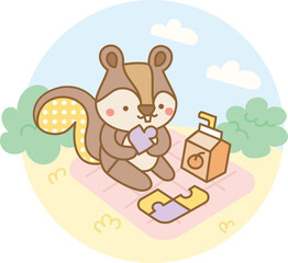 Squirrel solving a puzzle on a picnic mat during a sunny and peaceful learning time