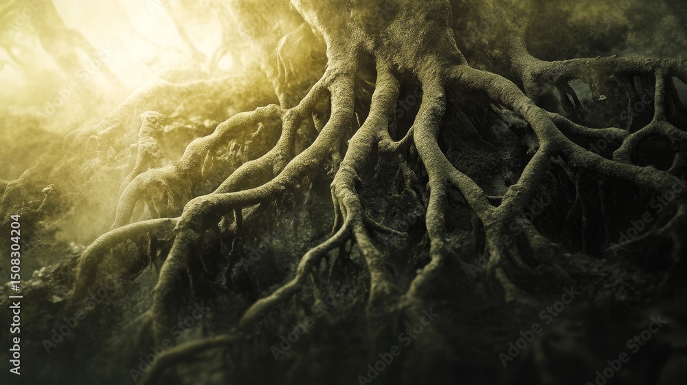 Aufkleber tree roots exposed with sunlight shining through trees in a forest setting.