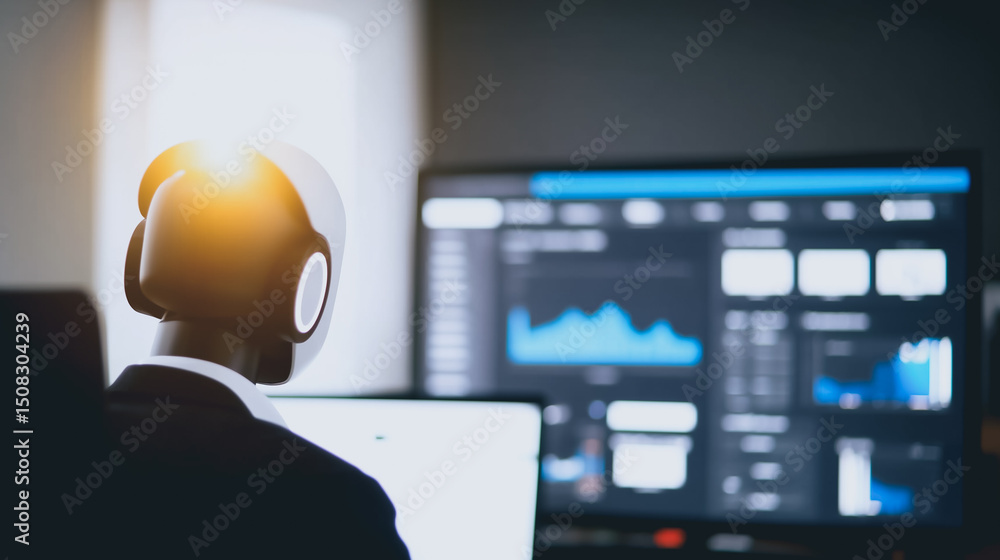 Poster modern digital analyst: a focused individual, immersed in the world of digital data analysis, expert
