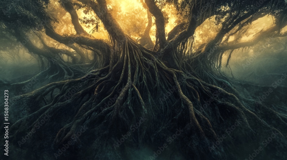 Poster large tree with exposed roots and glowing light in background.