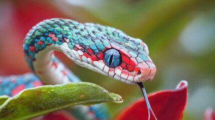 Obraz premium Vibrant Green Tree Viper Close-Up Striking Colors and Details of a Rainforest Snake