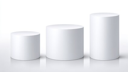 Three white cylinders, ascending in size, on a light gray background