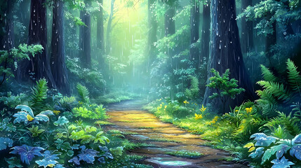 Obraz premium Digital Painting Of A Lush Forest Path During Rain