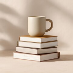 Cozy reading session home office image of books and coffee mug minimalist aesthetic warm lighting