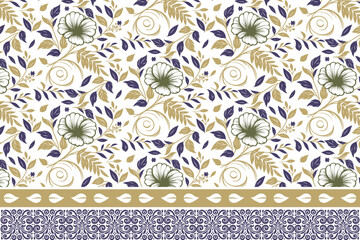 seamless border rose design, fashion cotton textile sketch, trendy one line flower print, floral wrapping paper idea, hand drawn pattern texture

