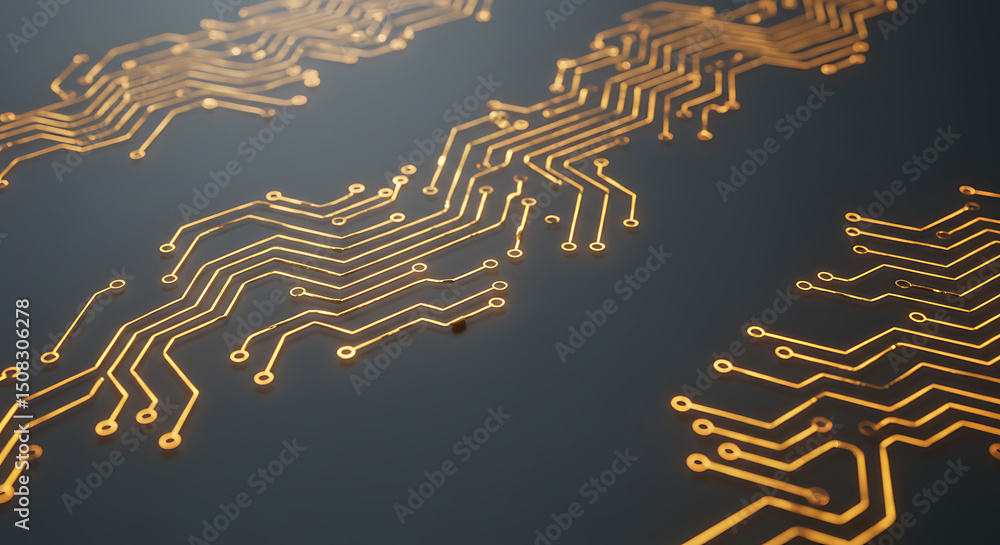 Poster abstract gold circuit board pattern technology background digital network electronic pathways high