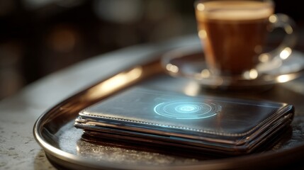 A stylish wallet with a holographic projection beside a cup of coffee on a tray.