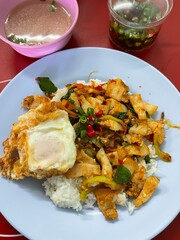 Rice topped with stir-fried pork and basil, Rice topped with stir fried minced pork and basil with Fried egg	
