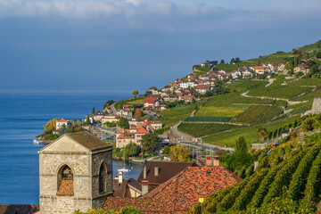 Village sur les rives du lac Léman en Suisse dans la région viticoles de Lavaux
