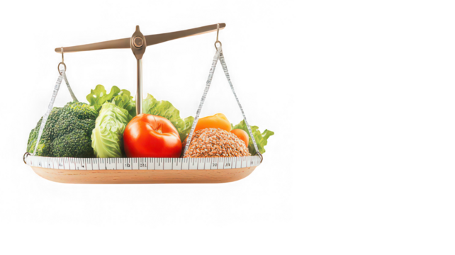 Fresh vegetable salad balance scale, healthy diet control concept