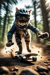 Cinematic Slow-Mo Cat Skater with Helmet and Goggles