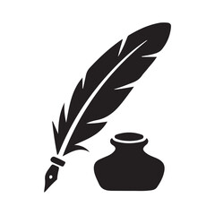 Feather quill pen with inkpot flat icon for apps and websites, Vector black silhouette. with white background