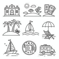 Naklejka premium Vacation and Travel Outlined Icon Set – Nature, Beach, Camping, Transport, Hotels, Activities, Gear, and Food Symbols