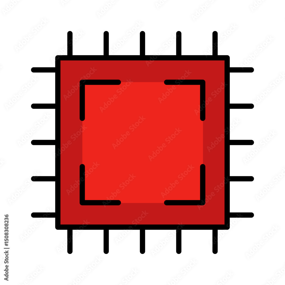 Poster title: microchip processor icon: modern flat line design with red fill. symbol for ai, cpu, computer