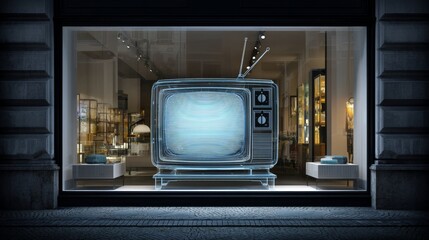A vintage television showcased in a modern store window, blending retro and contemporary styles.