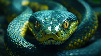 Fototapeta premium Close-up of a Green and Black Snake's Head, Detailed Texture and Intense Gaze