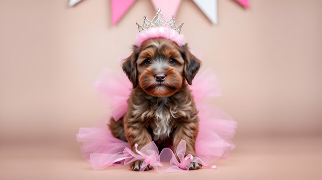 Mini Labra Doodle puppy birthday photo with a pink tutu and tiara.