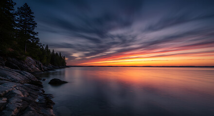 Serene Sunset over Calm Lake with Silhouetted Shoreline Trees