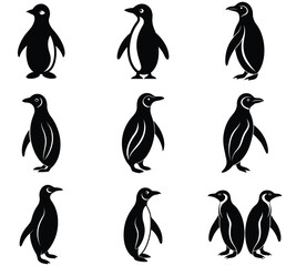 Naklejka premium Black and white penguin vector illustrations showcasing various poses and stylized silhouettes on a white background