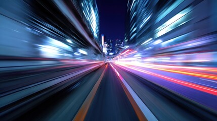 Dynamic cityscape captured in motion at night, showcasing vibrant lights and a sense of speed.
