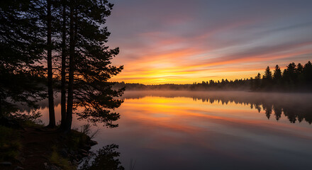 Serene Sunrise over Misty Lake with Silhouetted Pines Reflecting in Calm Water