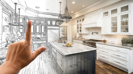 Innovative contrast of sketch and real kitchen design displayed with finger pointing at modern island setup