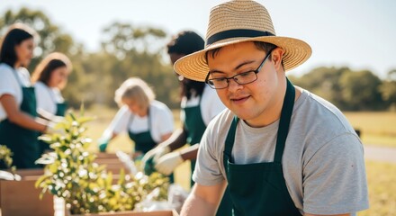 Smiling man with down syndrome in straw hat, apron working in garden. Person with special needs participating in outdoor farming activity. Inclusion. agricultural therapy. Employment service sale