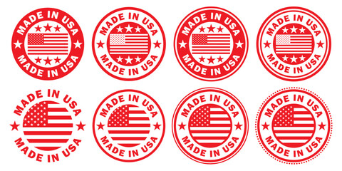 Made in USA grunge style circle rubber stamp badge icon set. Produced in the USA logo sign symbol collection. Vector illustration image. Isolated on white background.