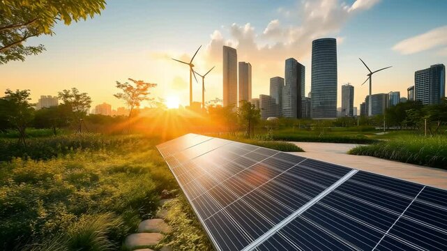 Solar panel array and wind turbines in a natural landscape during a sunset, Sustainable energy and the harmonious integration of green technologies with nature. Renewable energy solutions	