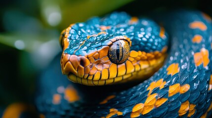 Obraz premium Close-up of a Vibrant Blue and Orange Snake in Lush Green Foliage